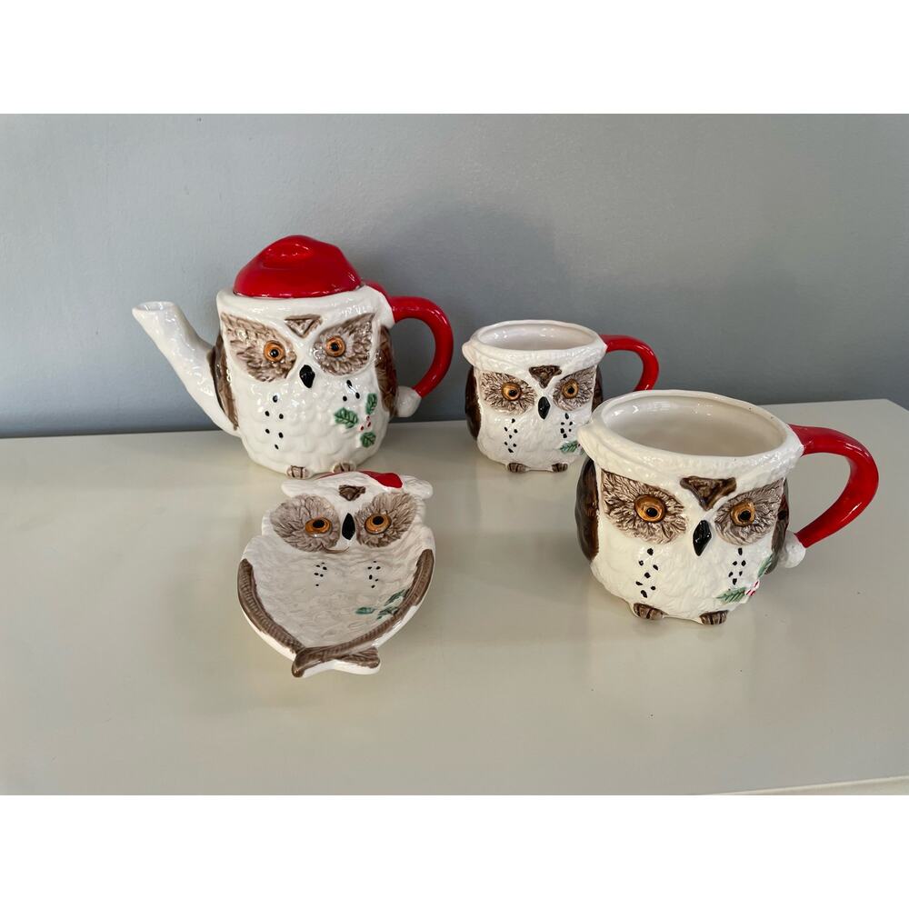 Vtg Enesco Owl Christmas Santa Hat Tea Set Cups, Teapot, Spoon Rest Japan RARE